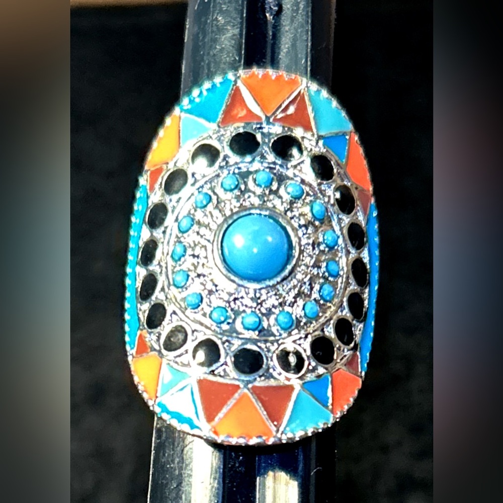 Stretch Southwestern Style Ring Enamel Mandala Native Geometric . Size 5-9
